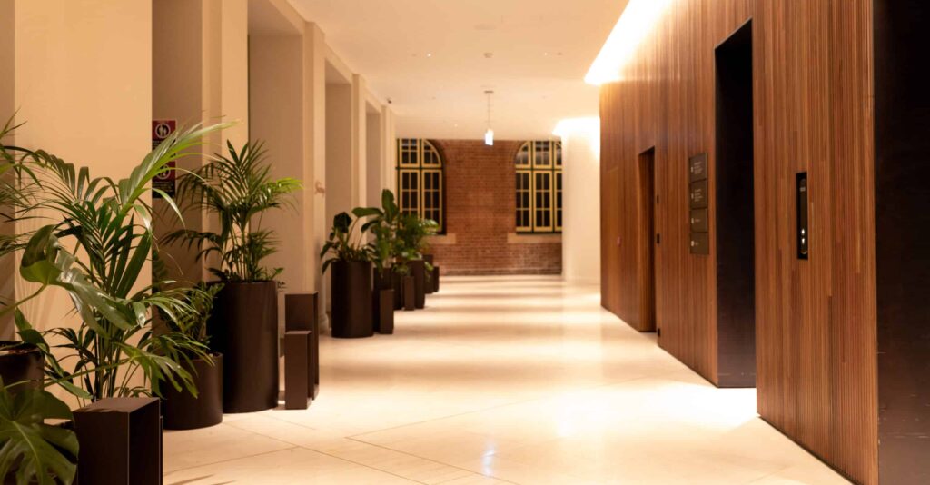 plants in lift lobby of a hotel